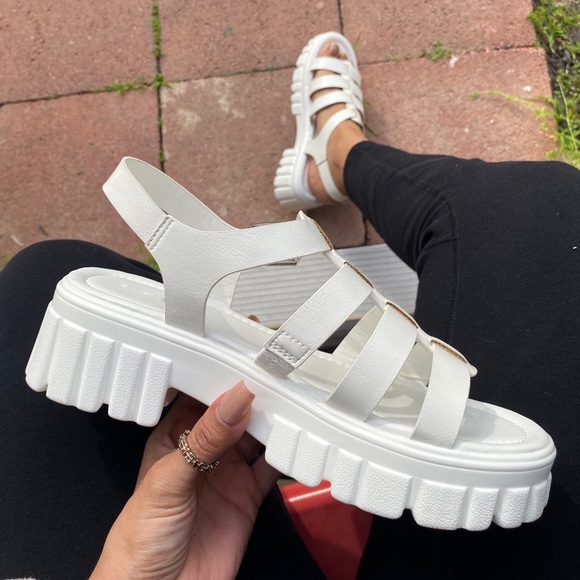 White Vegan Leather Chunky Sole Caged Gladiator Sandals - Picture 3 of 4